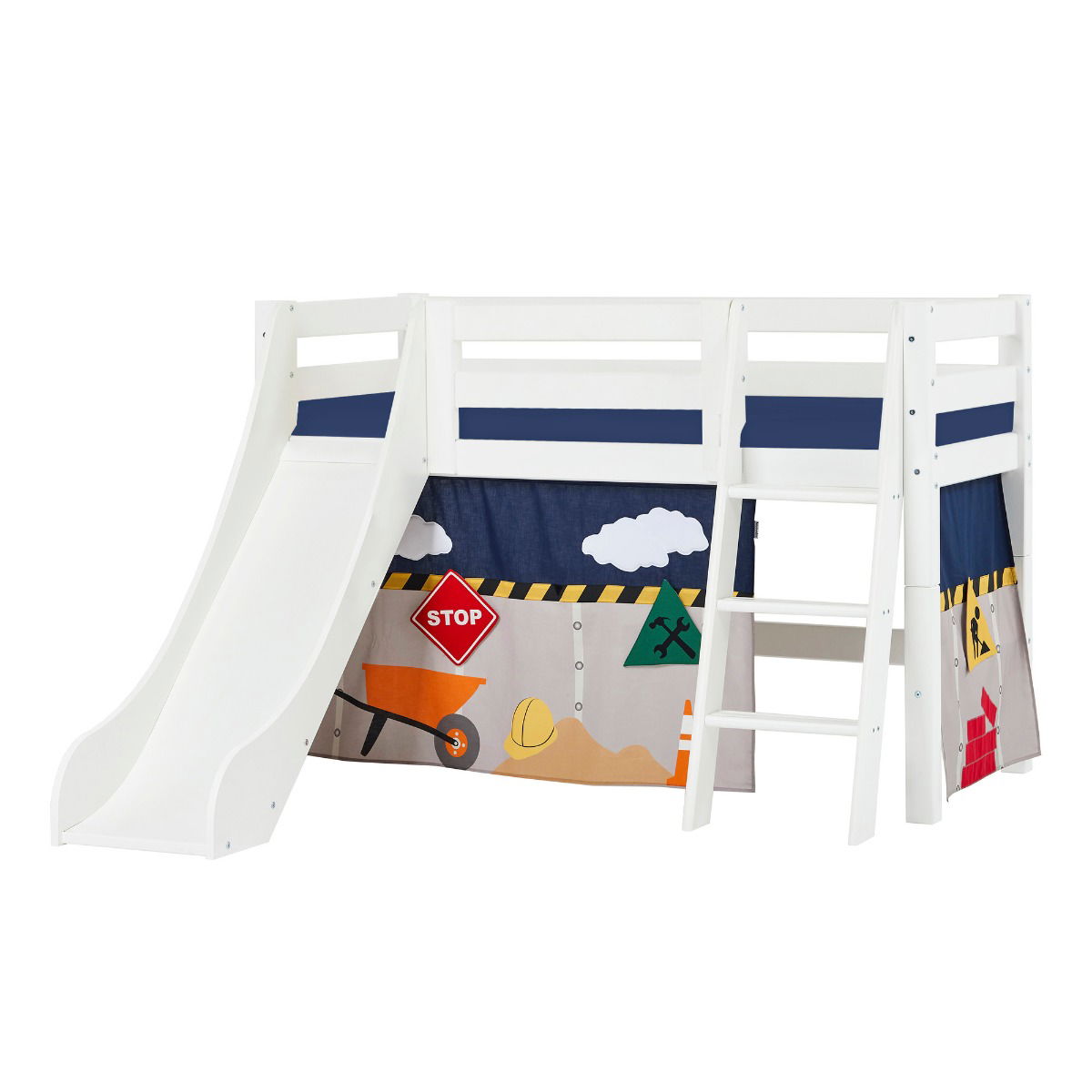 BUNDLE ECO Luxury Halbhochbett 70x160 cm mit schräger Leiter Rutsche mit CONSTRUCTION-Vorhang und Kaltschaum-Matratze