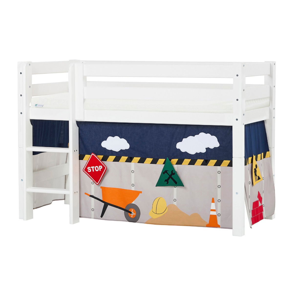 BUNDLE ECO Luxury Halbhochbett 70x160 cm mit CONSTRUCTION-Vorhang und ECO Luxury Matratze