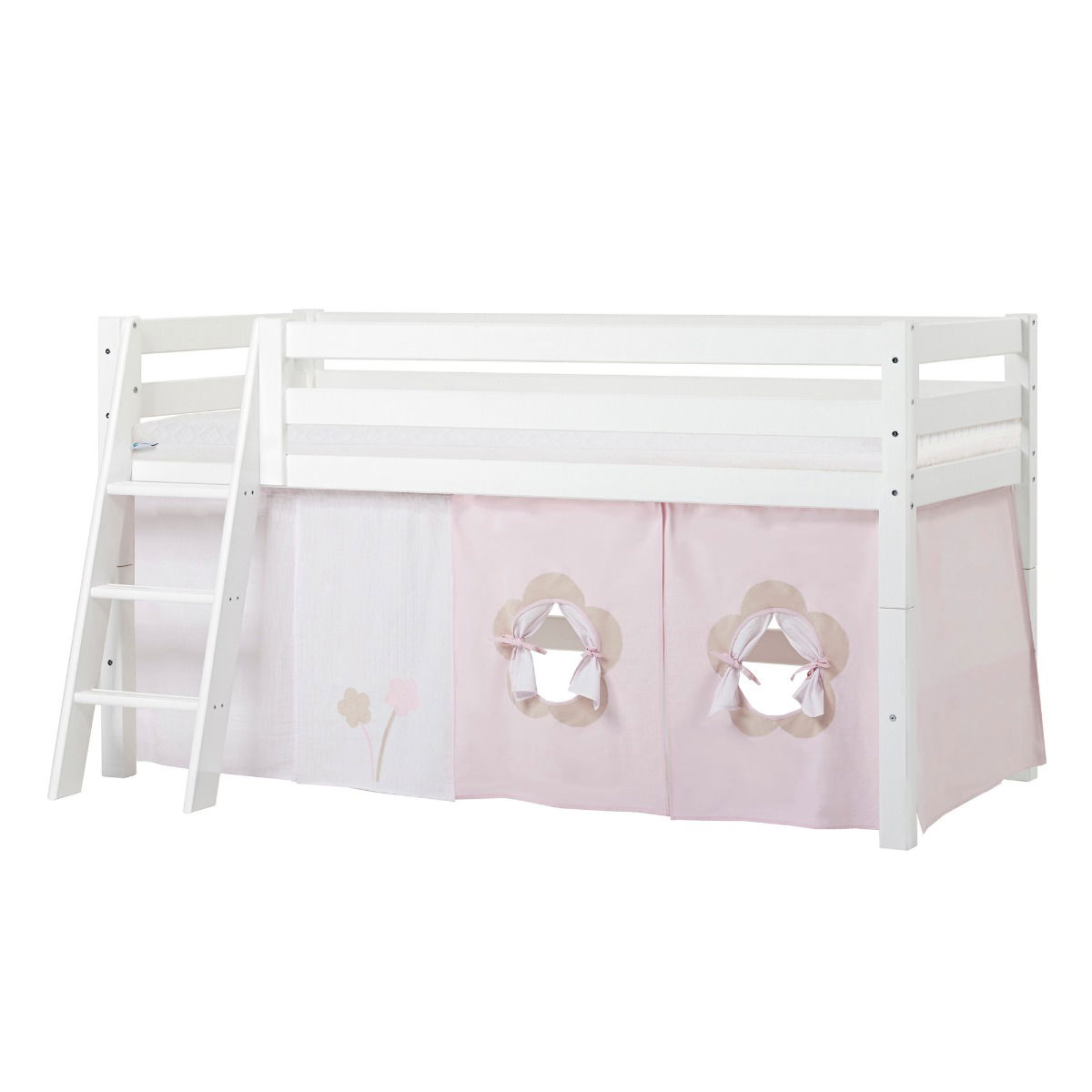 BUNDLE ECO Luxury Halbhochbett 90x200 cm mit schräger Leiter mit FAIRYTALE FLOWER-Vorhang und ECO Luxury Matratze