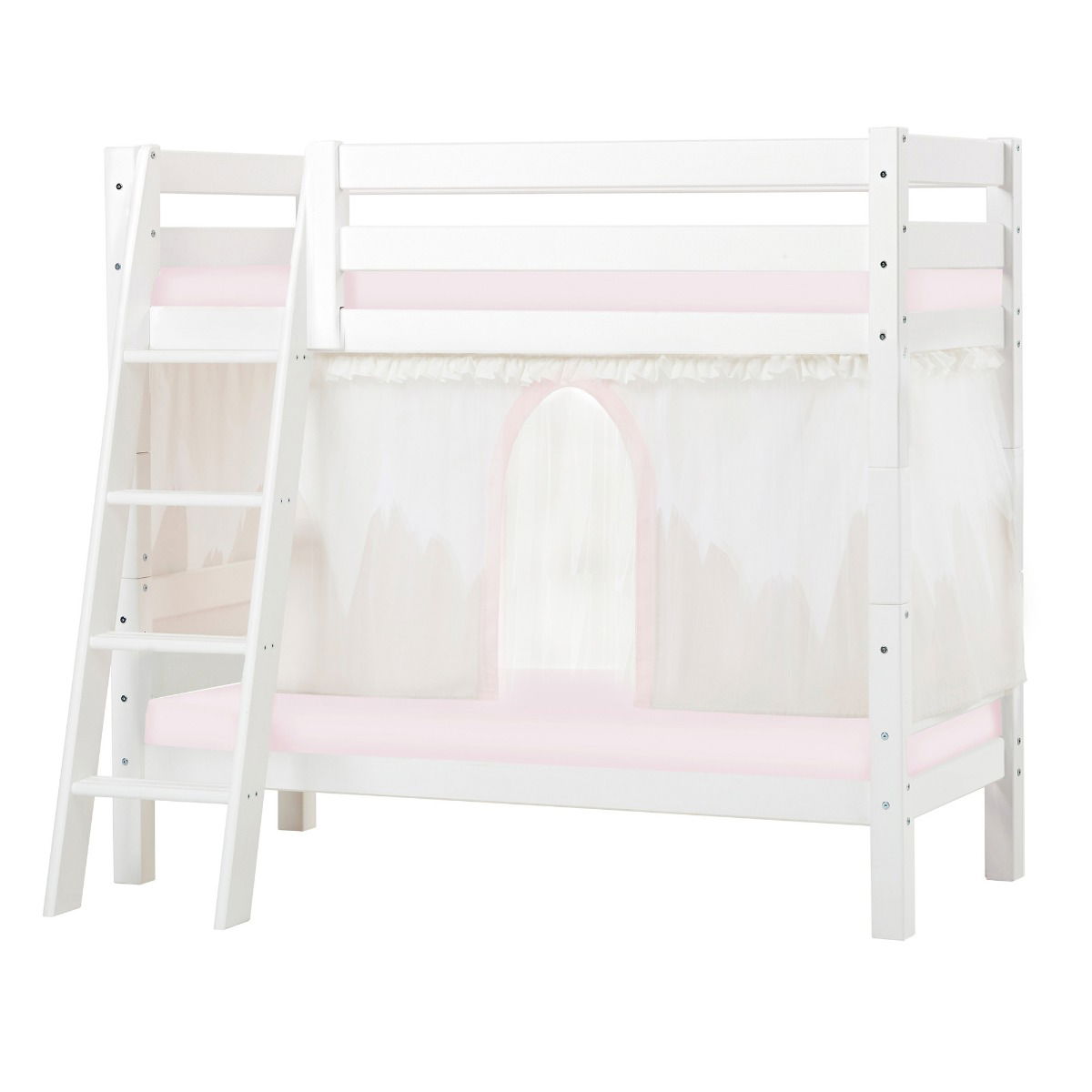 BUNDLE ECO Luxury Etagenbett 70x160 cm mit schräger Leiter mit WINTER WONDERLAND Vorhang und Kaltschaum-Matratze