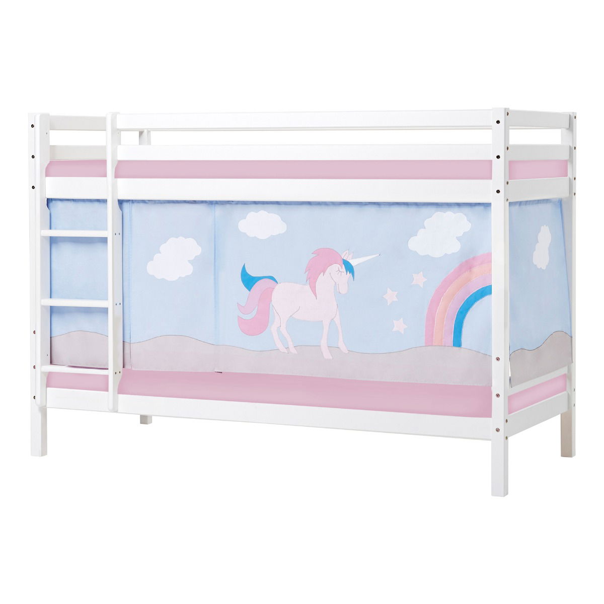 BUNDLE ECO Dream Etagenbett 90x200 cm (nicht teilbar) mit UNICORN Vorhang und Kaltschaum-Matratzen