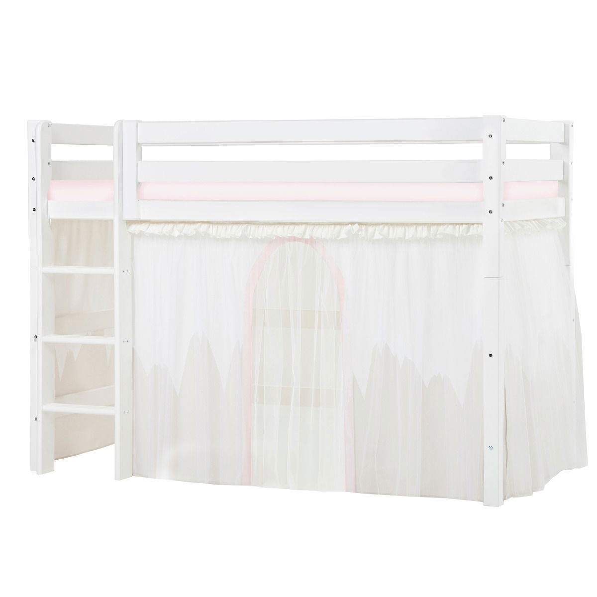 BUNDLE ECO Luxury Mittel-Hochbett 90x200 cm mit WINTER WONDERLAND Vorhang und Kaltschaum-Matratze