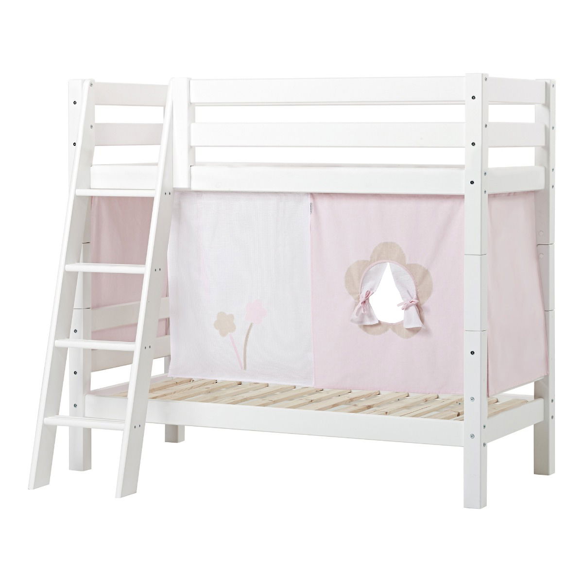 BUNDLE ECO Luxury Etagenbett 70x160 cm mit schräger Leiter und mit FAIRYTALE FLOWER-Vorhang