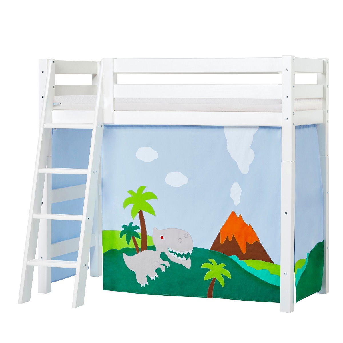 BUNDLE ECO Luxury Mittel-Hochbett 70x160 cm mit schräger Leiter mit DINOSAUR-Vorhang und ECO Luxury Matratze