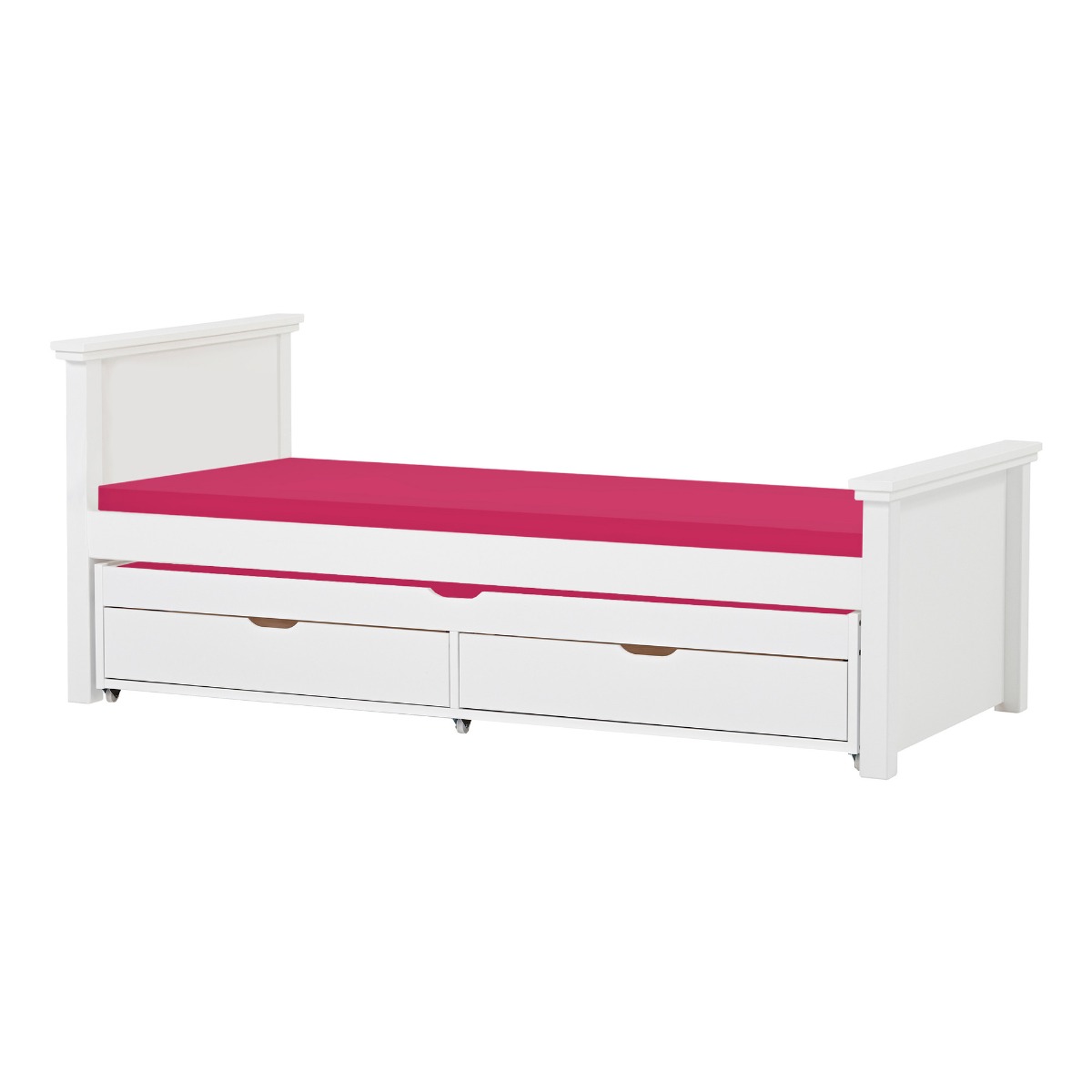Hoppekids Maja Deluxe Bett 90x200 cm mit hohem und mittelhohem Giebel und Kaltschaum-Matratze und Auszieh-/Gästebett 70x190 cm - Matratzenbezugsfarbe: Pink