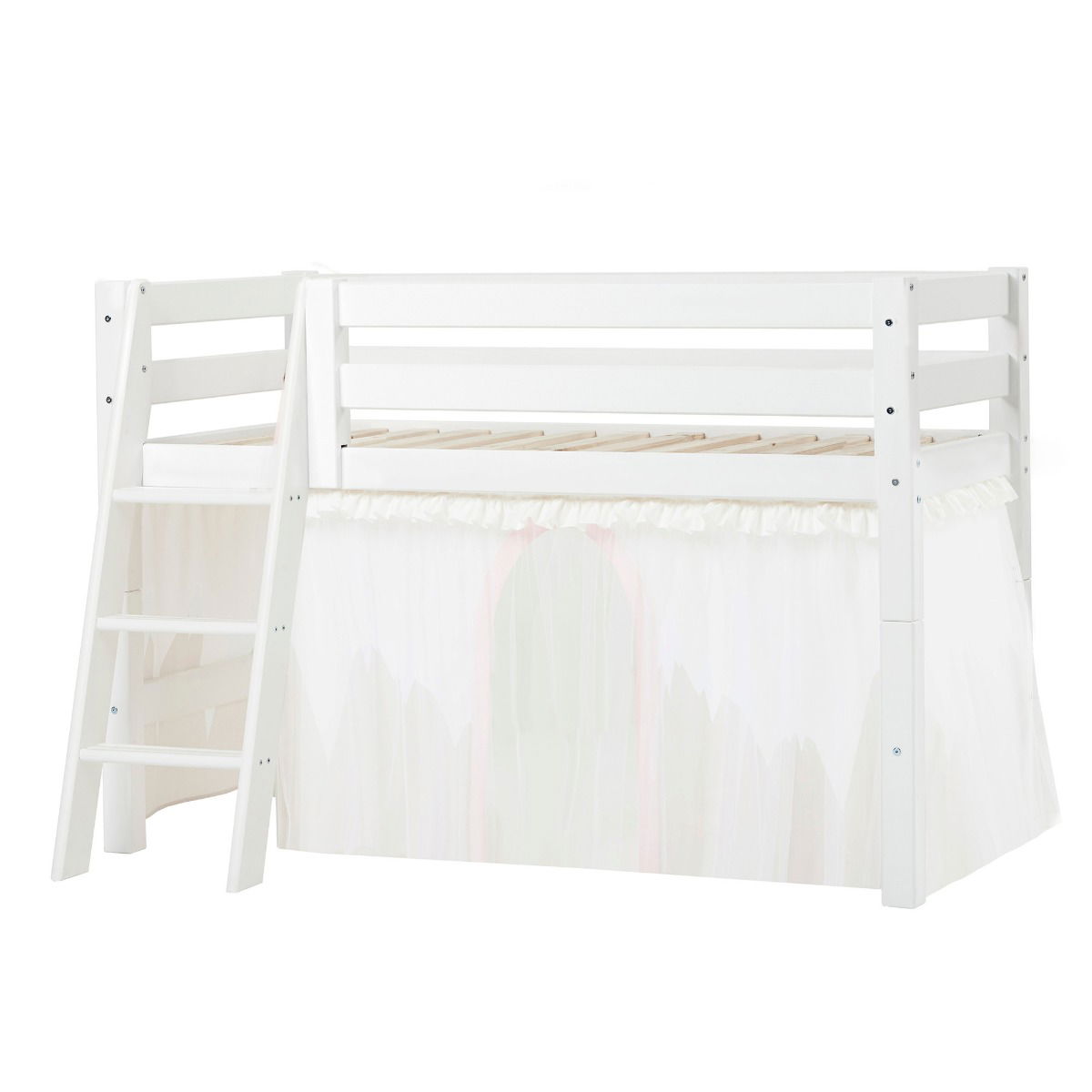 BUNDLE ECO Luxury Halbhochbett 70x160 cm mit schräger Leiter und mit WINTER WONDERLAND Vorhang