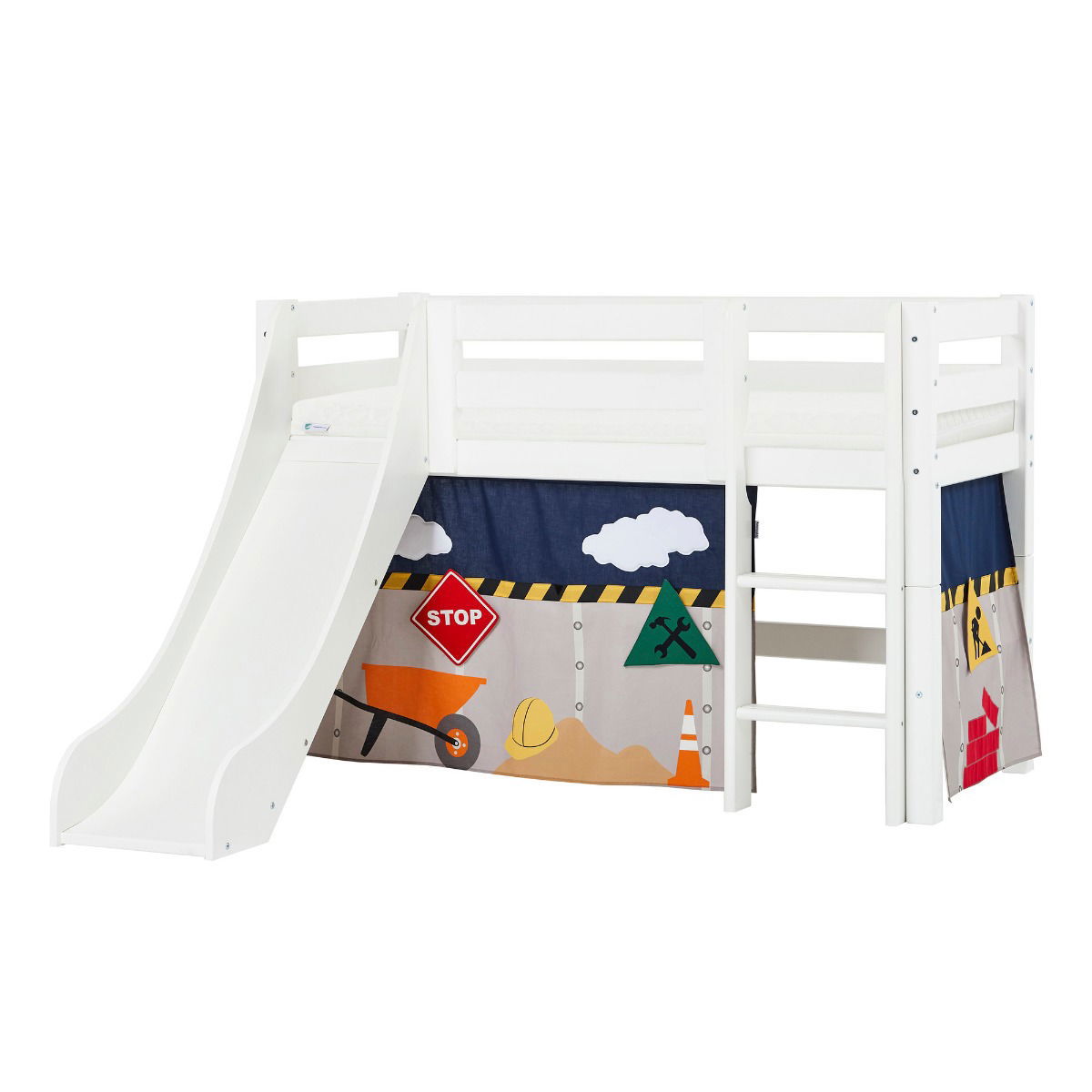 BUNDLE ECO Luxury Halbhochbett 70x160 cm mit Rutsche mit CONSTRUCTION-Vorhang und ECO Luxury Matratze