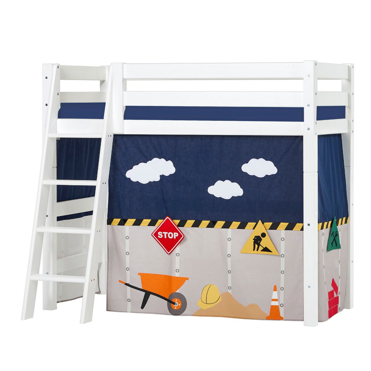 BUNDLE ECO Luxury Mittel-Hochbett 70x160 cm mit schräger Leiter mit CONSTRUCTION-Vorhang und Kaltschaum-Matratze