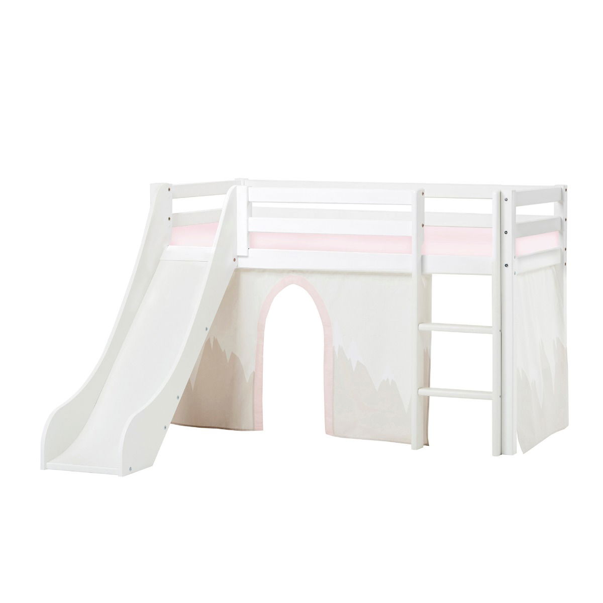 BUNDLE ECO Dream Halbhochbett 70x160 cm (nicht teilbar) mit Rutsche mit WINTER WONDERLAND Vorhang und Kaltschaum-Matratze