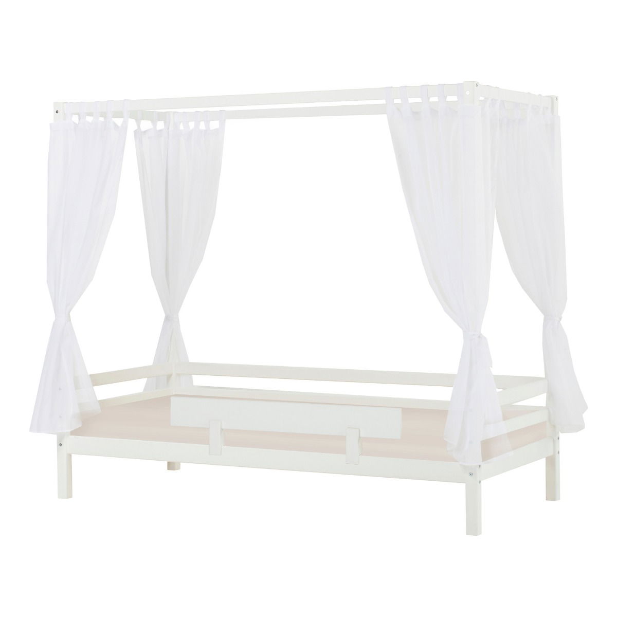 BUNDLE ECO Dream Himmelbett 90x200 cm in weiß mit Kaltschaum-Matratze und sandfarbenem Bezug