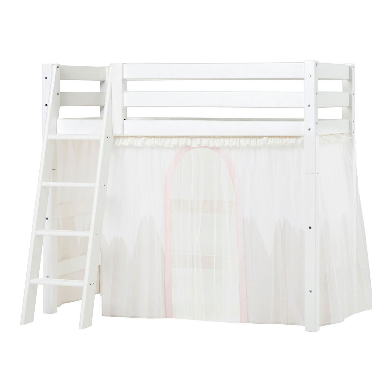 BUNDLE ECO Luxury Mittel-Hochbett 70x160 cm mit schräger Leiter und WINTER WONDERLAND Vorhang