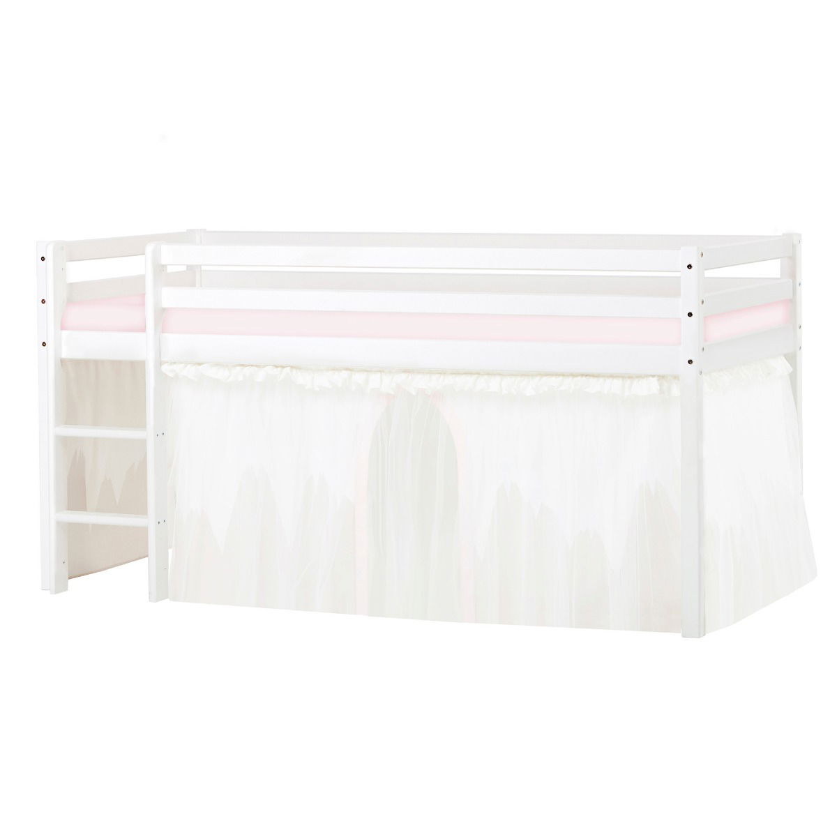 BUNDLE ECO Dream Halbhochbett 90x200 cm (nicht teilbar) mit WINTER WONDERLAND Vorhang mit Tüll und Kaltschaum-Matratze