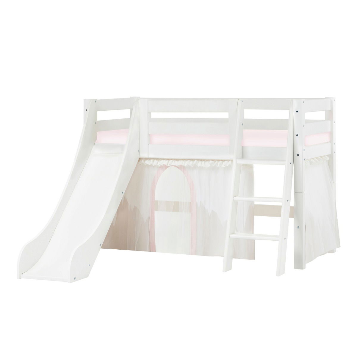 BUNDLE ECO Luxury Halbhochbett 70x160 cm mit schräger Leiter Rutsche mit WINTER WONDERLAND Vorhang und Kaltschaum-Matratze