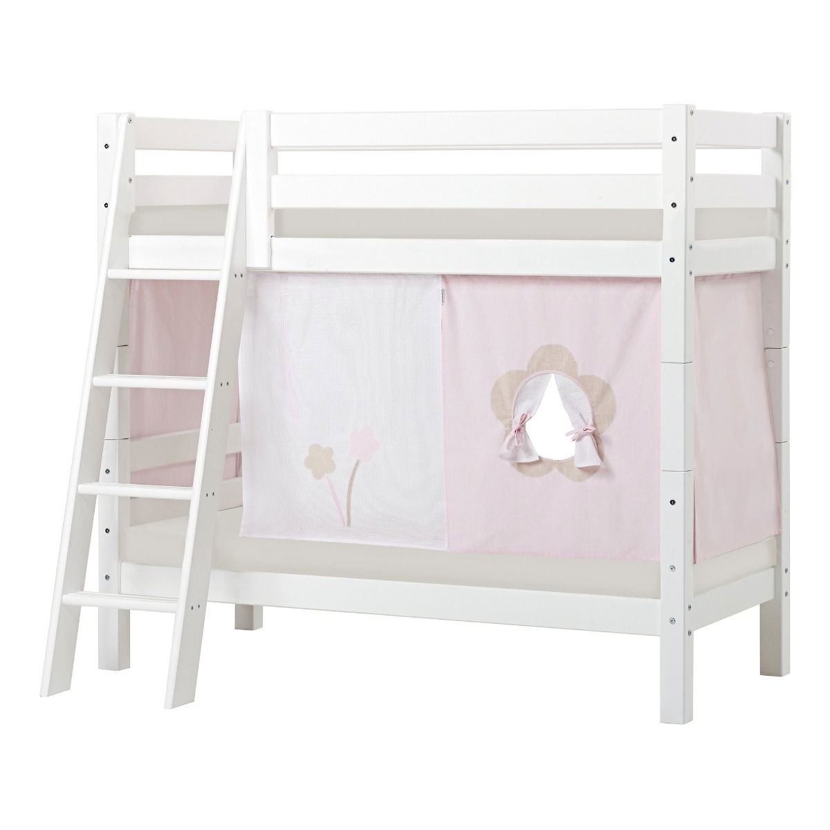 BUNDLE ECO Luxury Etagenbett 70x160 cm mit schräger Leiter mit FAIRYTALE FLOWER-Vorhang und Kaltschaum-Matratze