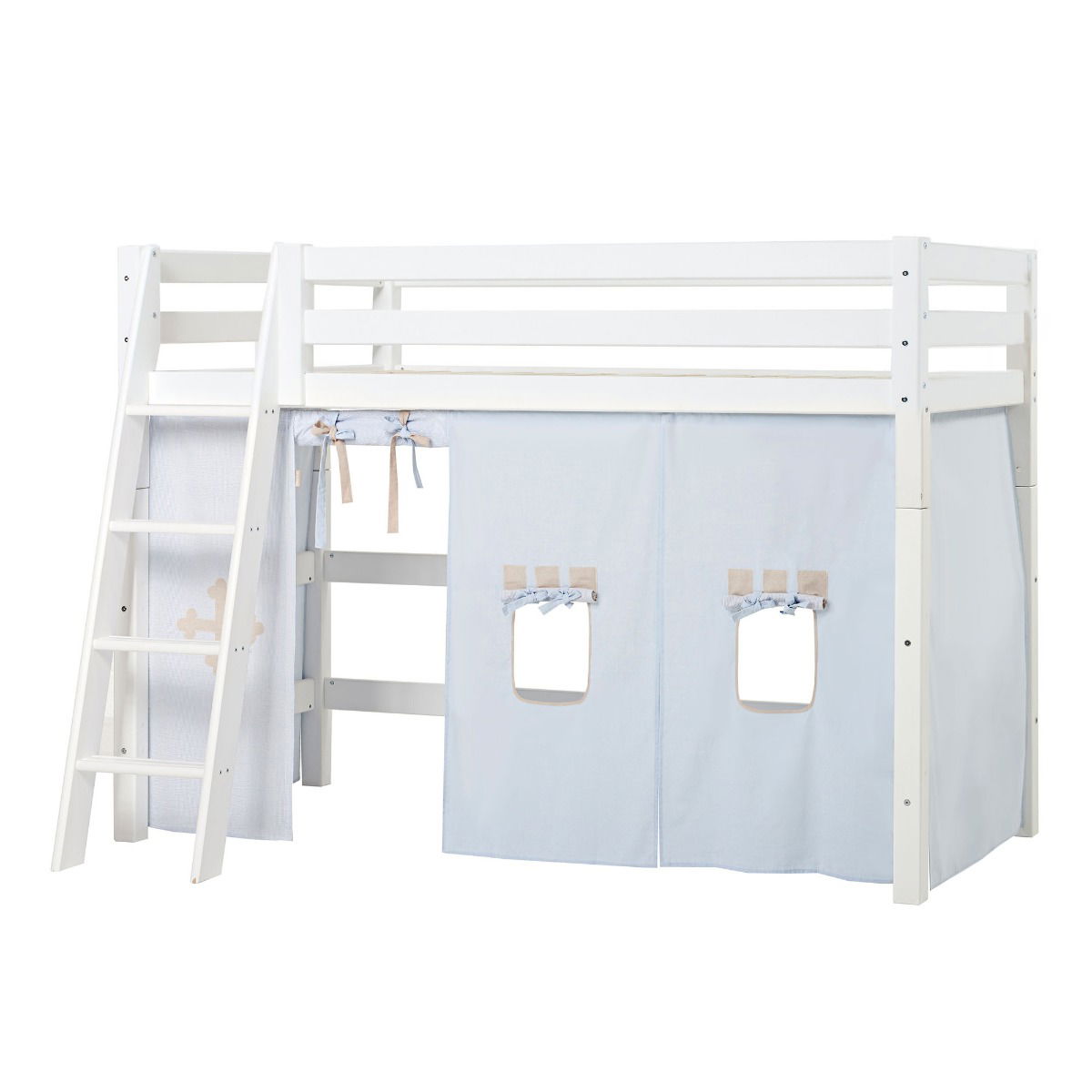 BUNDLE ECO Luxury Mittel-Hochbett 90x200 cm mit schräger Leiter und FAIRYTALE KNIGHT-Vorhang