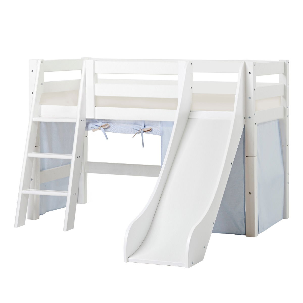 BUNDLE ECO Luxury Halbhochbett 70x160 cm mit schräger Leiter Rutsche mit FAIRYTALE KNIGHT-Vorhang und Schaummatratze