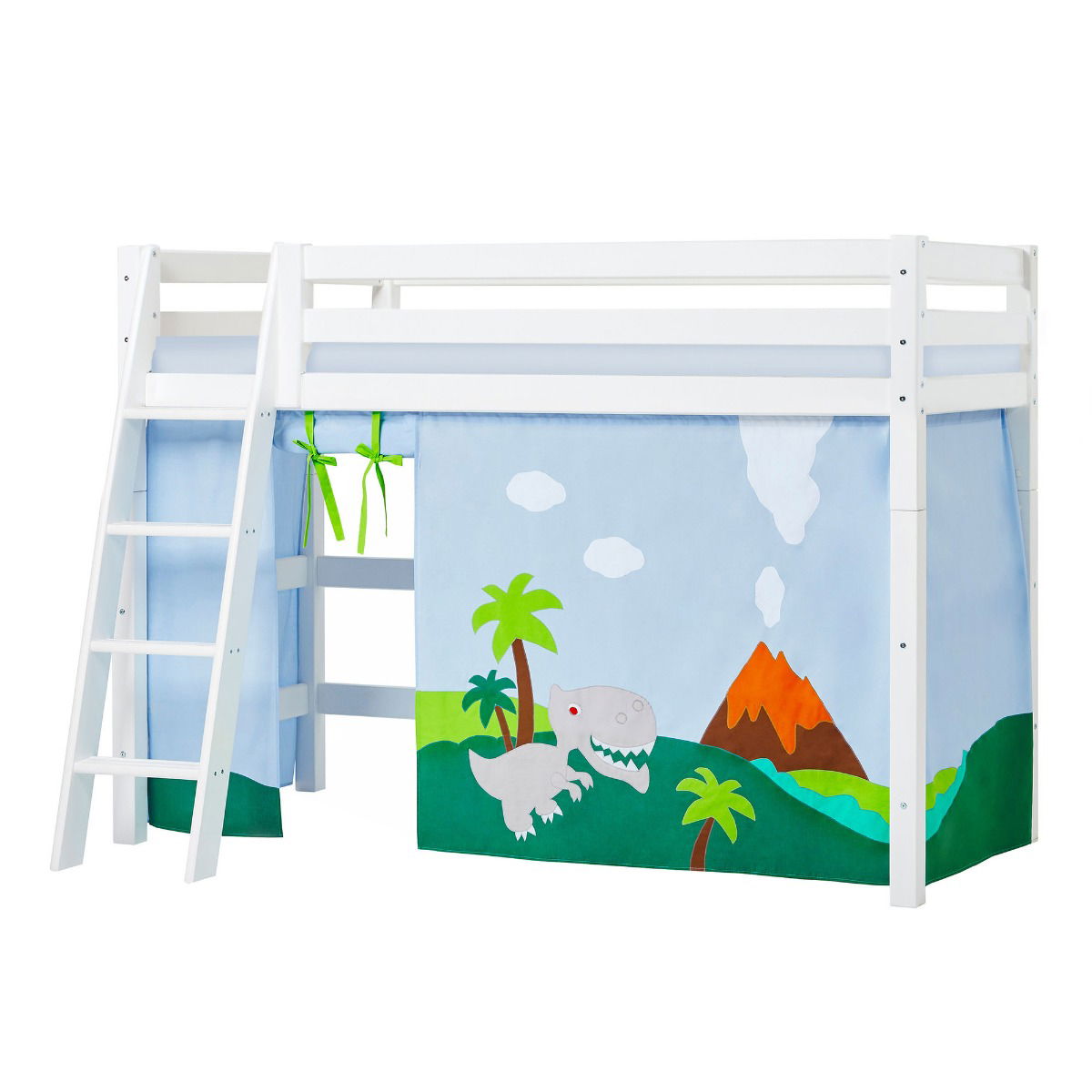 BUNDLE ECO Luxury Mittel-Hochbett 90x200 cm mit schräger Leiter mit DINOSAUR-Vorhang und Schaummatratze