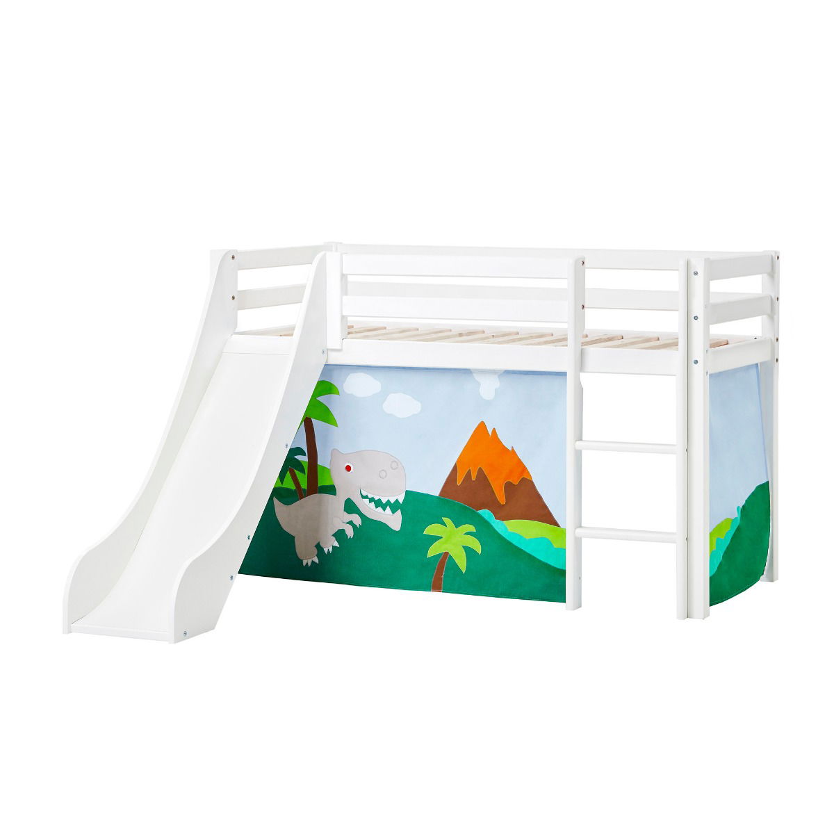 BUNDLE ECO Dream Halbhochbett 70x160 cm (nicht teilbar) mit Rutsche mit DINOSAUR Vorhang