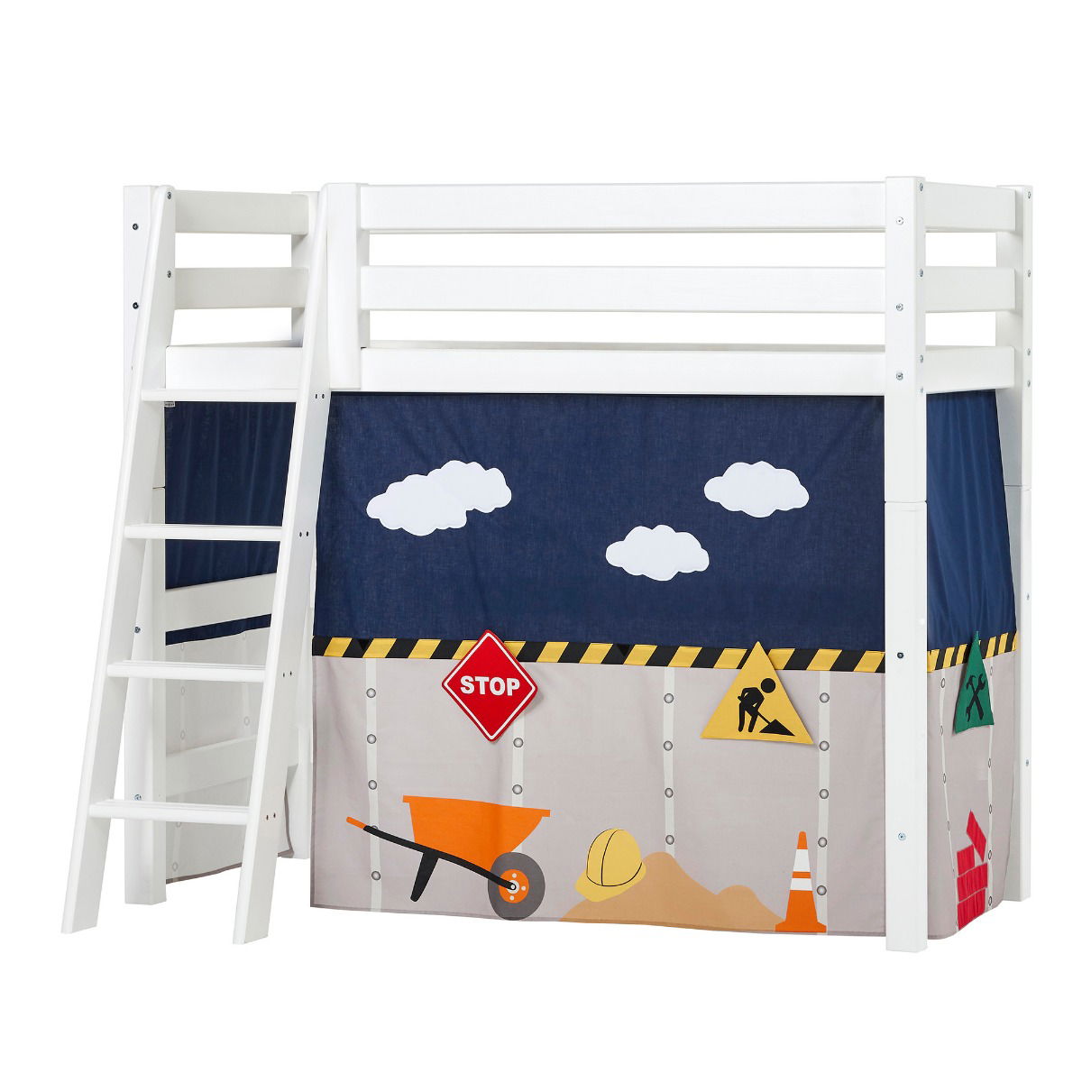 BUNDLE ECO Luxury Mittel-Hochbett 70x160 cm mit schräger Leiter und CONSTRUCTION-Vorhang