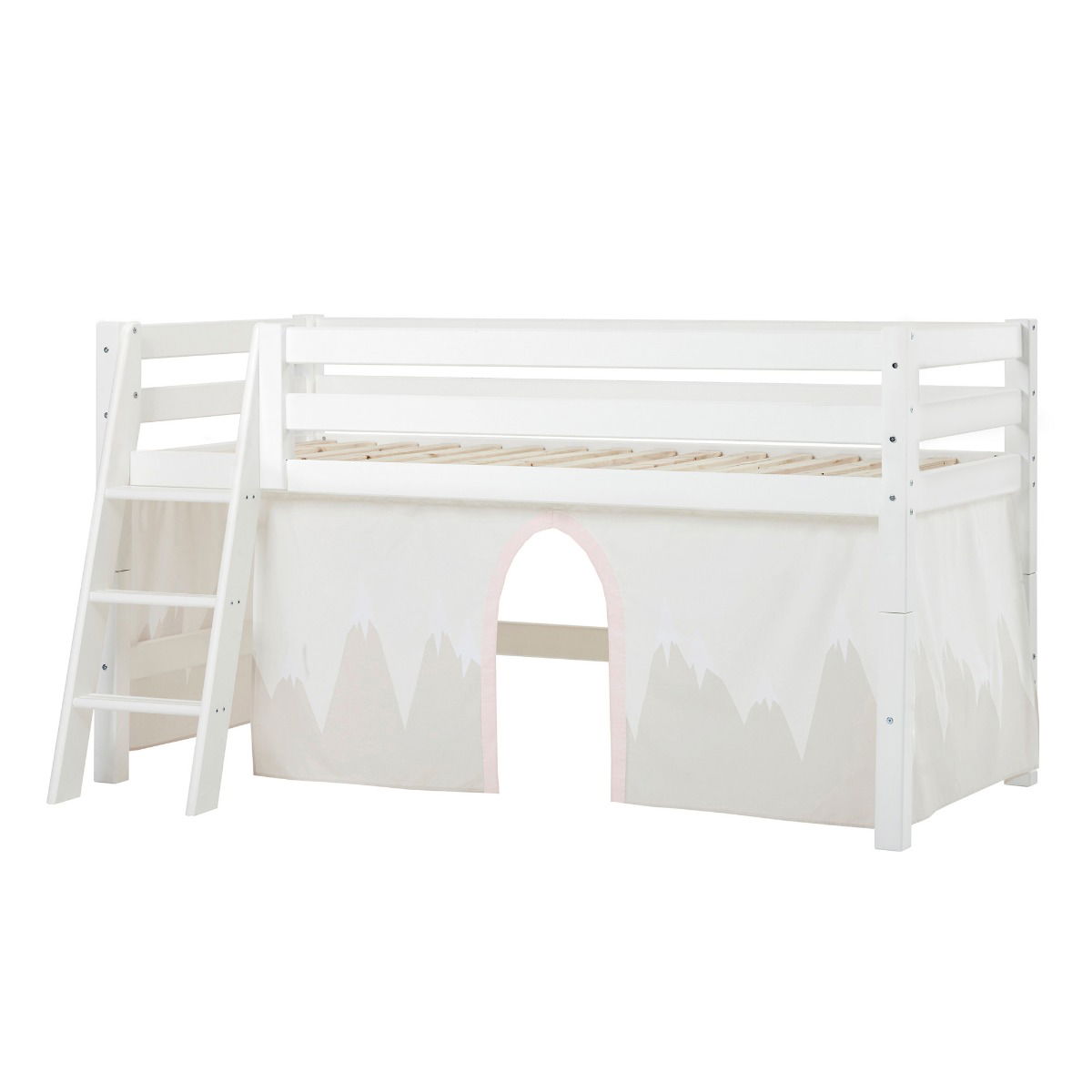 BUNDLE ECO Luxury Halbhochbett 90x200 cm mit schräger Leiter und mit WINTER WONDERLAND Vorhang