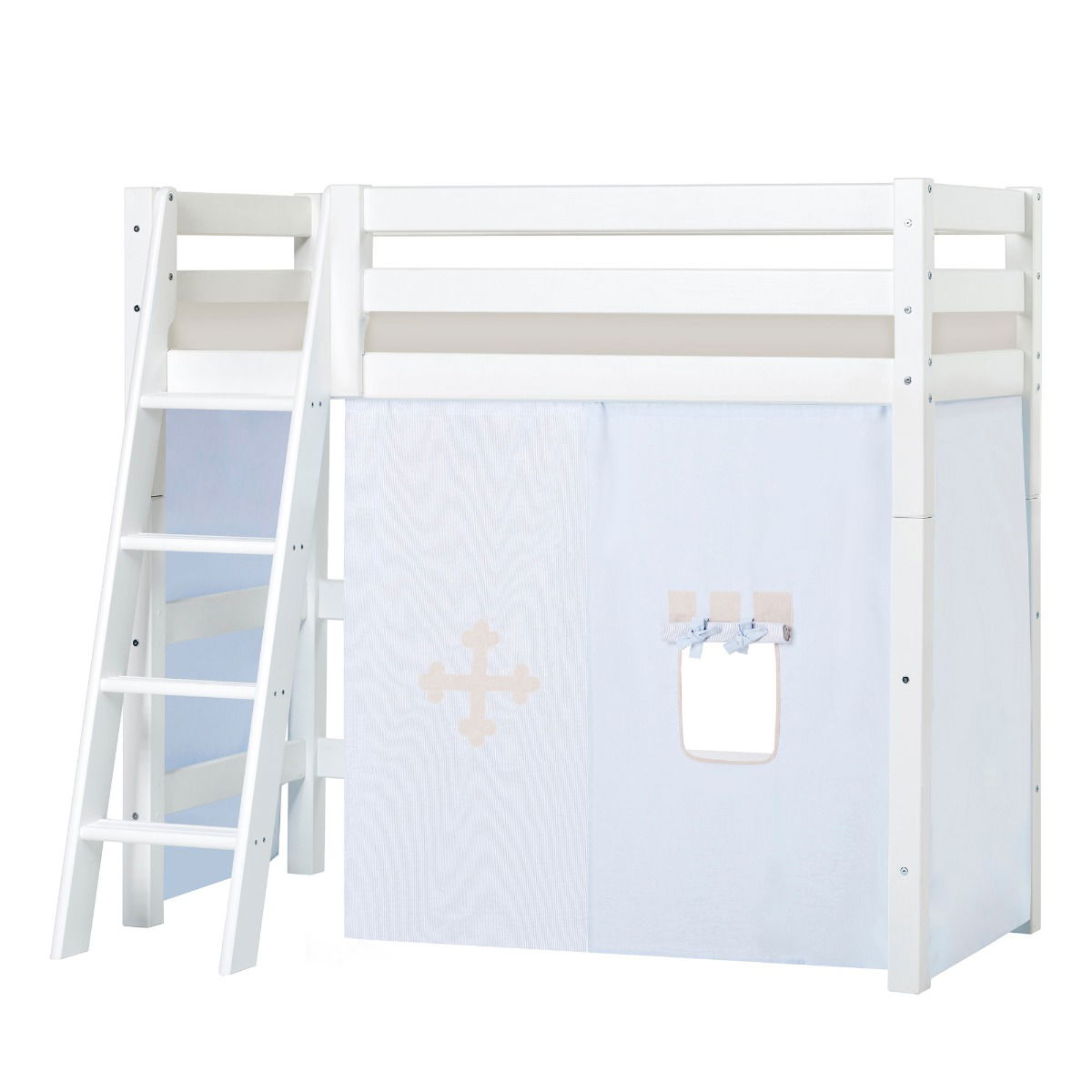 BUNDLE ECO Luxury Mittel-Hochbett 70x160 cm mit schräger Leiter mit FAIRYTALE KNIGHT-Vorhang und Kaltschaum-Matratze