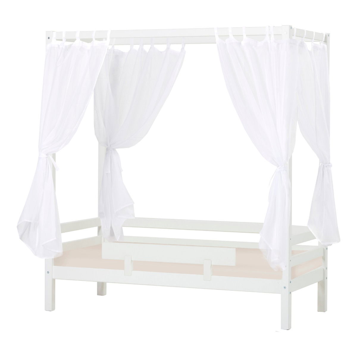 BUNDLE ECO Dream Himmelbett 70x160 cm in weiß mit Betthimmel extra Rausfallschutz und Kaltschaum-Matratze mit sandfarbenem Bezug