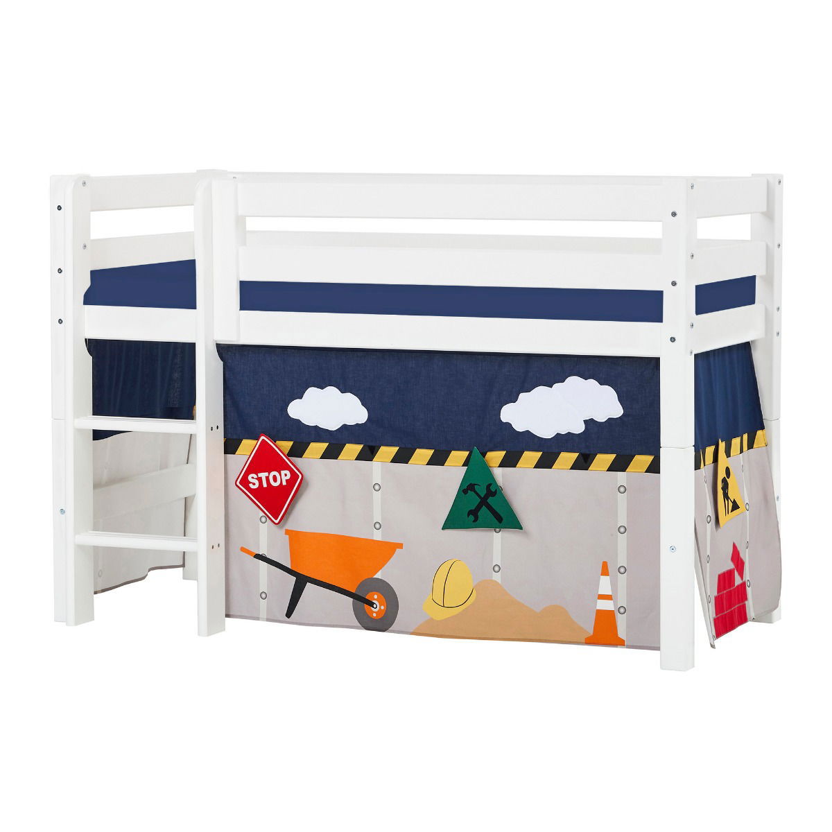 BUNDLE ECO Luxury Halbhochbett 70x160 cm mit CONSTRUCTION-Vorhang und Kaltschaum-Matratze