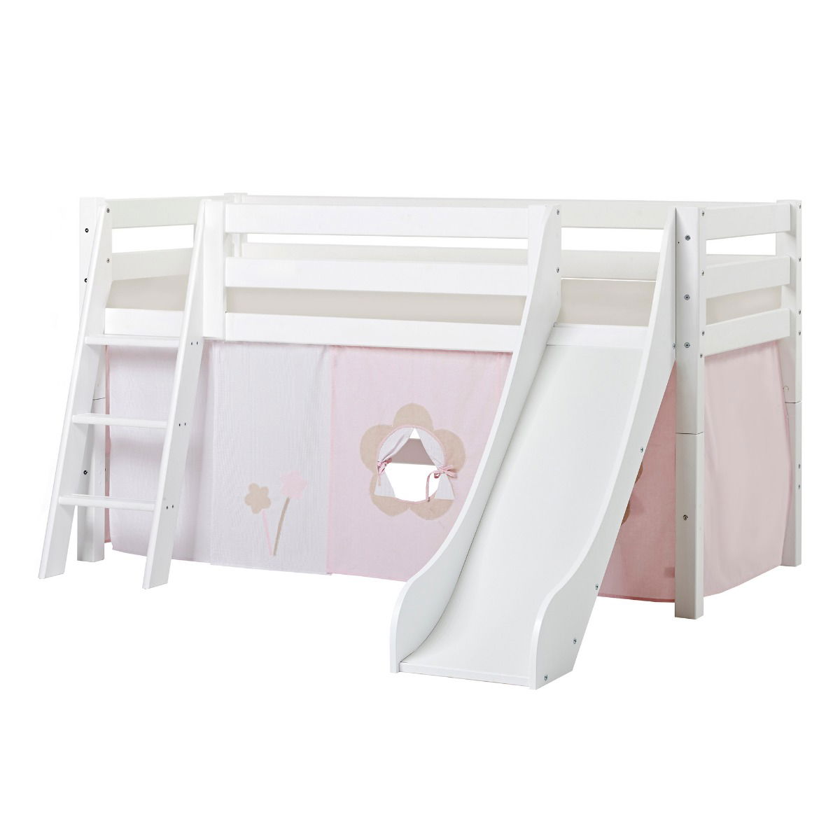BUNDLE ECO Luxury Halbhochbett 90x200 cm mit schräger Leiter Rutsche mit FAIRYTALE FLOWER-Vorhang und Kaltschaum-Matratze