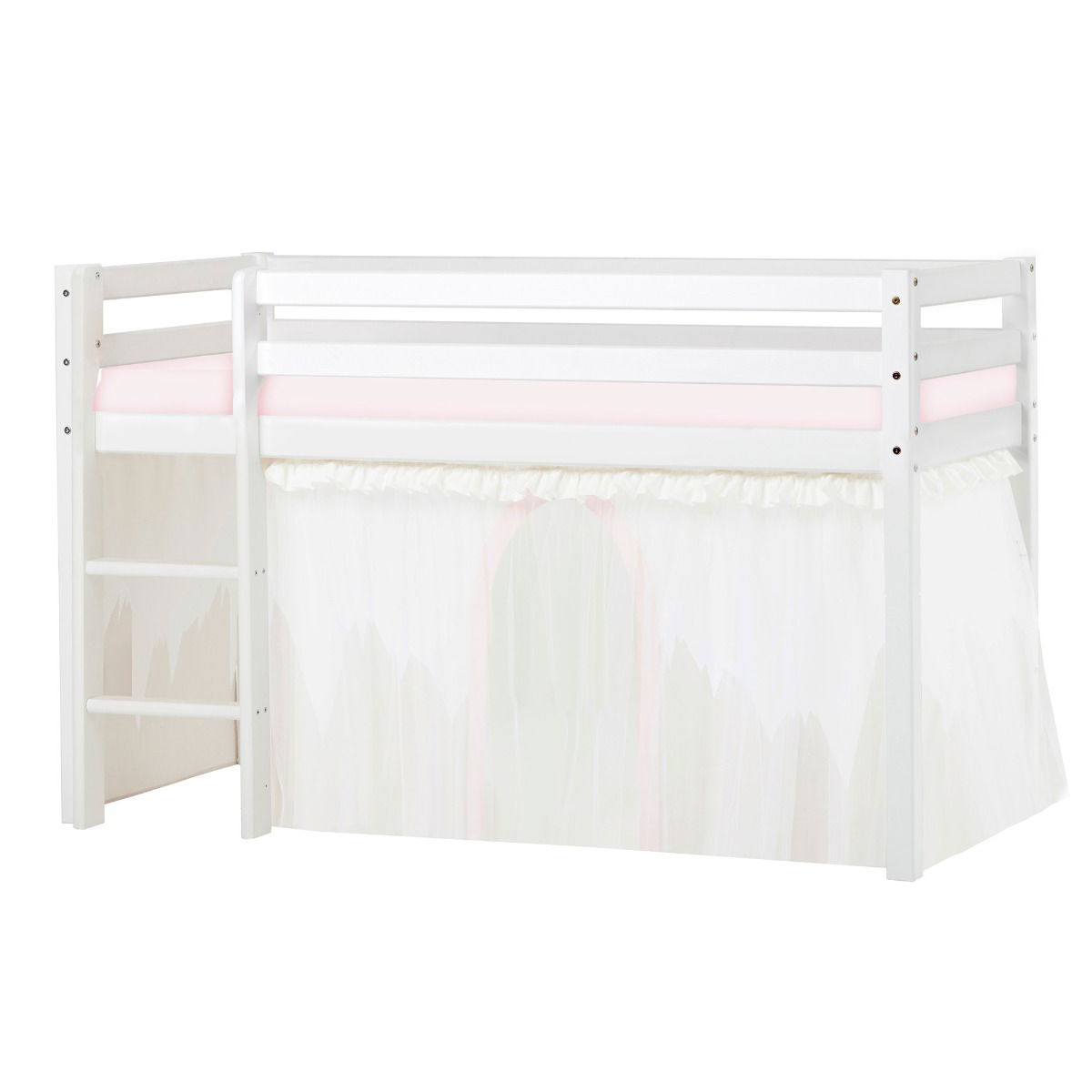 BUNDLE ECO Dream Halbhochbett 70x160 cm (nicht teilbar) mit WINTER WONDERLAND Vorhang mit Tüll und Kaltschaum-Matratze