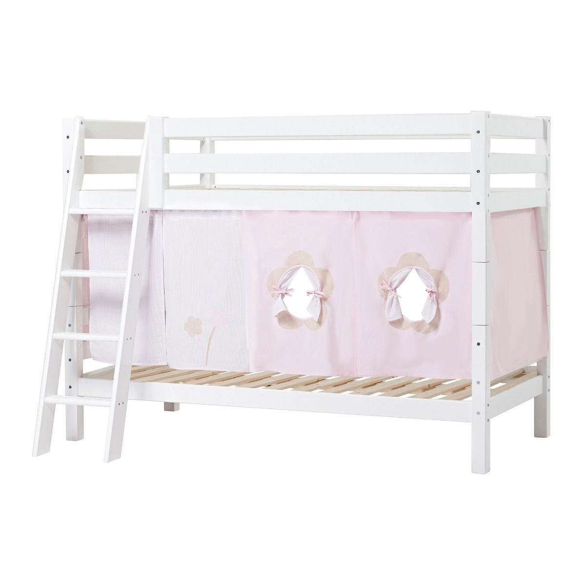 BUNDLE ECO Luxury Etagenbett 90x200 cm mit schräger Leiter und mit FAIRYTALE FLOWER-Vorhang