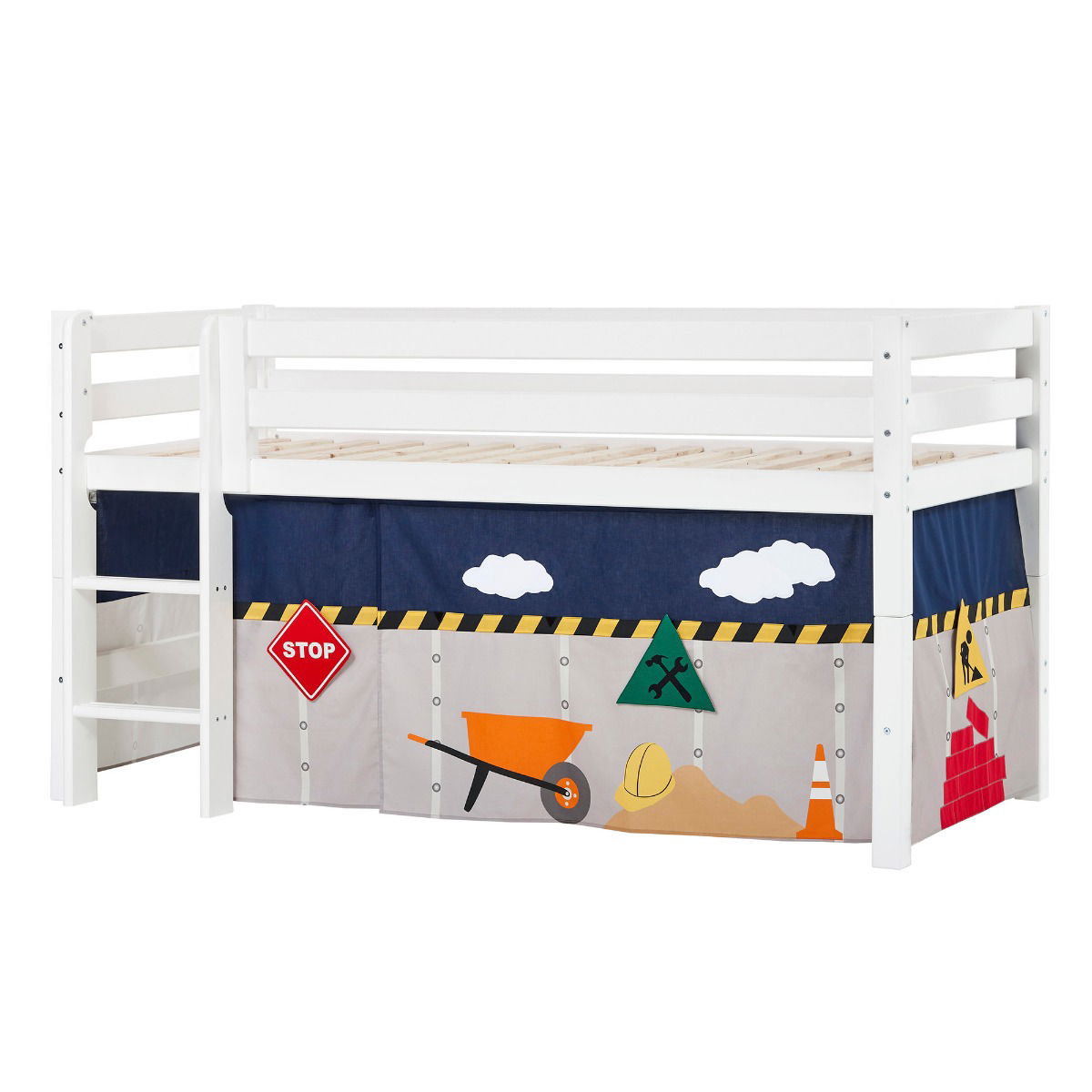 BUNDLE ECO Luxury Halbhochbett 90x200 cm mit gerader Leiter und CONSTRUCTION-Vorhang