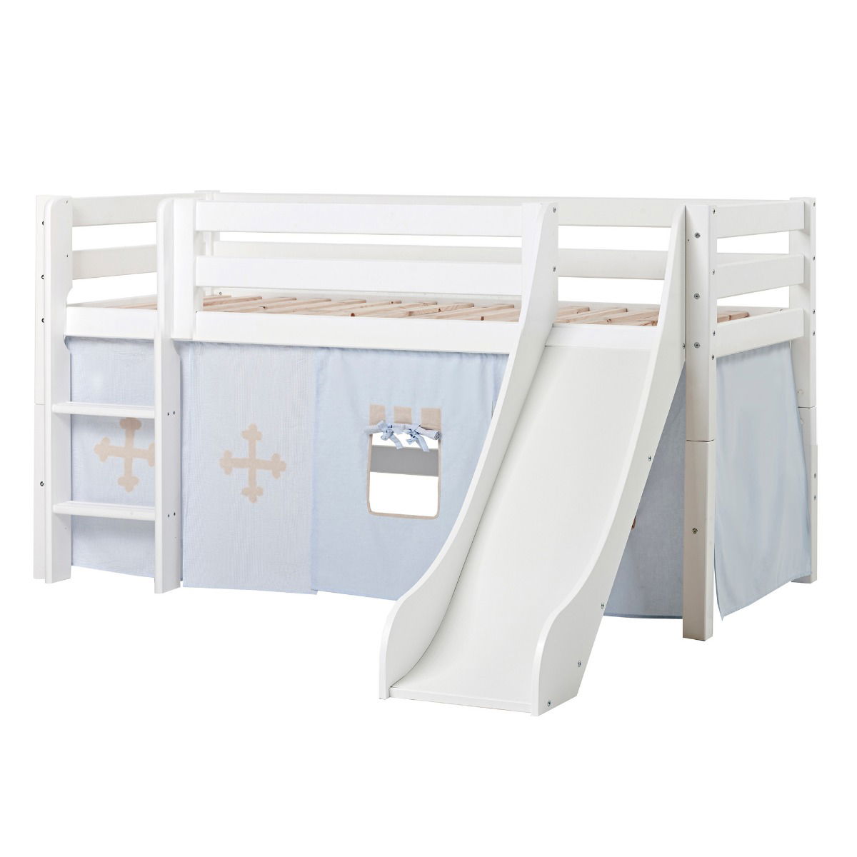 BUNDLE ECO Luxury Halbhochbett 90x200 cm mit Rutsche und mit FAIRYTALE KNIGHT-Vorhang