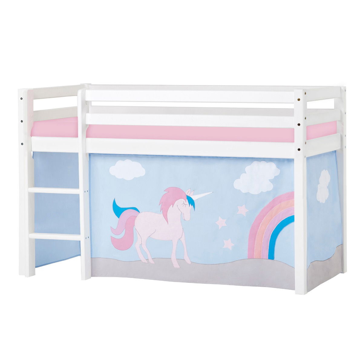 BUNDLE ECO Dream Halbhochbett 70x160 cm (nicht teilbar) mit UNICORN Vorhang und Kaltschaum-Matratze