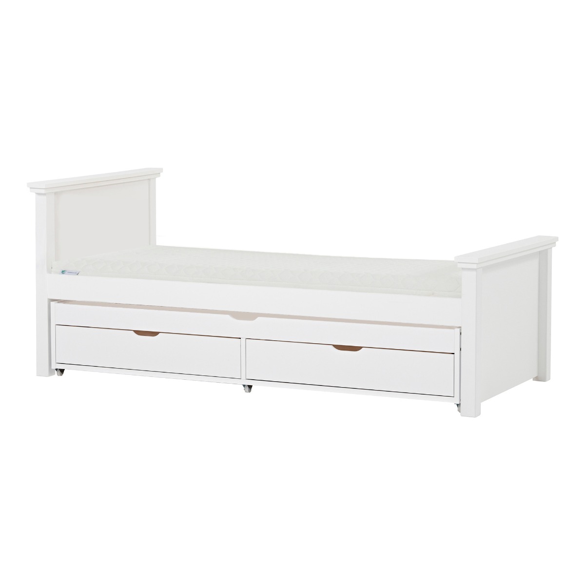 Hoppekids Maja Deluxe Bett 90x200 cm mit hohem und mittelhohem Giebel Eco Luxury-Matratze und Auszieh-/Gästebett 70x190 cm - Matratzenbezugsfarbe: Sand