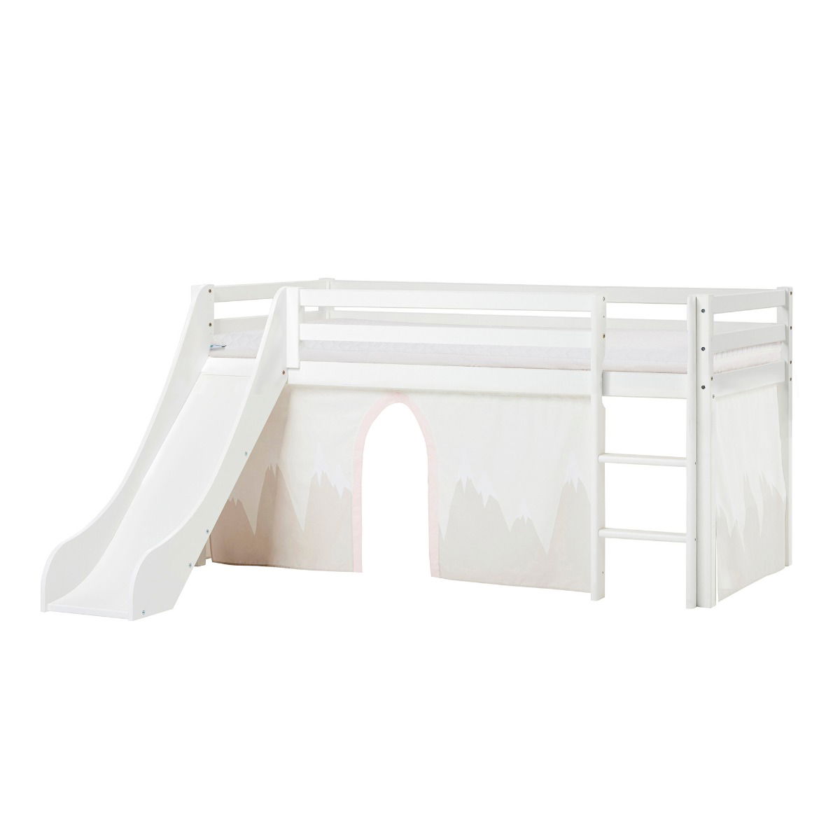 BUNDLE ECO Dream Halbhochbett 90x200 cm (nicht teilbar) mit Rutsche mit WINTER WONDERLAND Vorhang und ECO Dream-Matratze