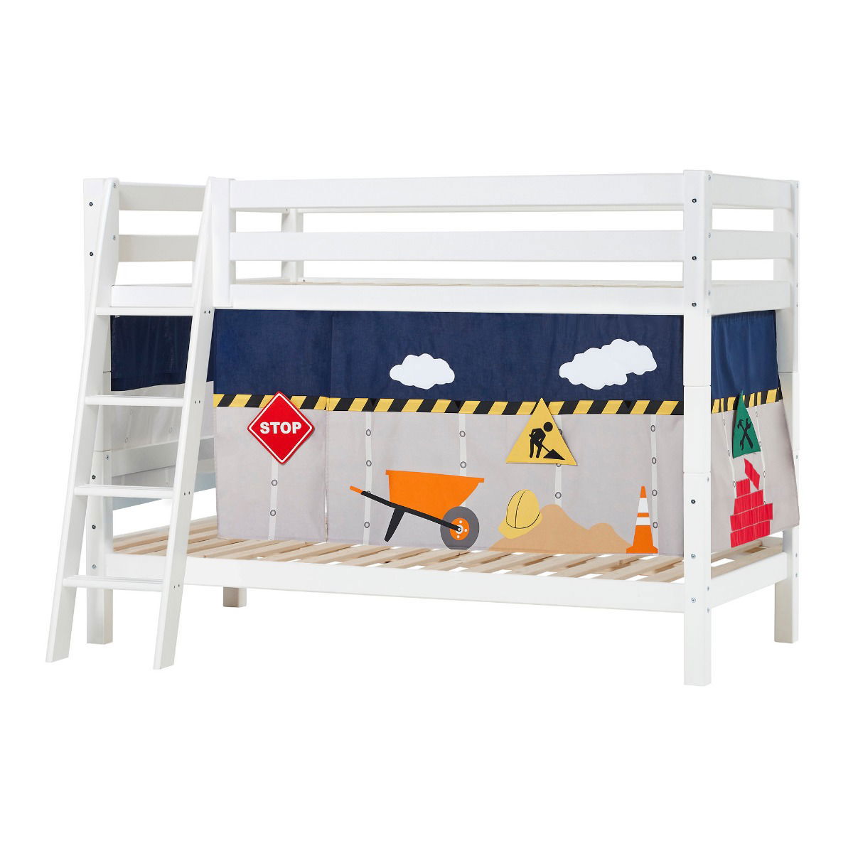 BUNDLE ECO Luxury Etagenbett 90x200 cm mit schräger Leiter und mit CONSTRUCTION-Vorhang