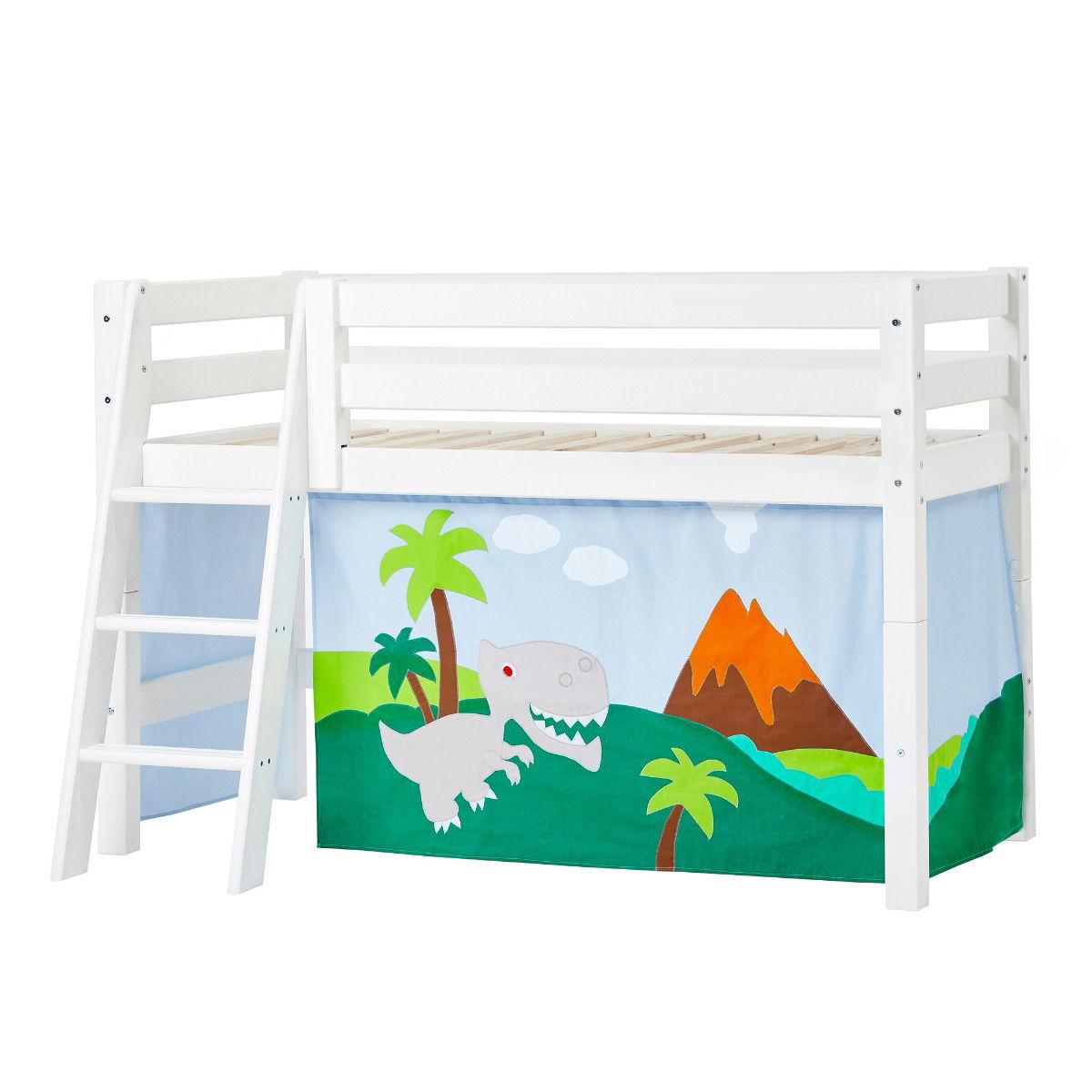 BUNDLE ECO Luxury Halbhochbett 70x160 cm mit schräger Leiter und mit DINOSAUR-Vorhang