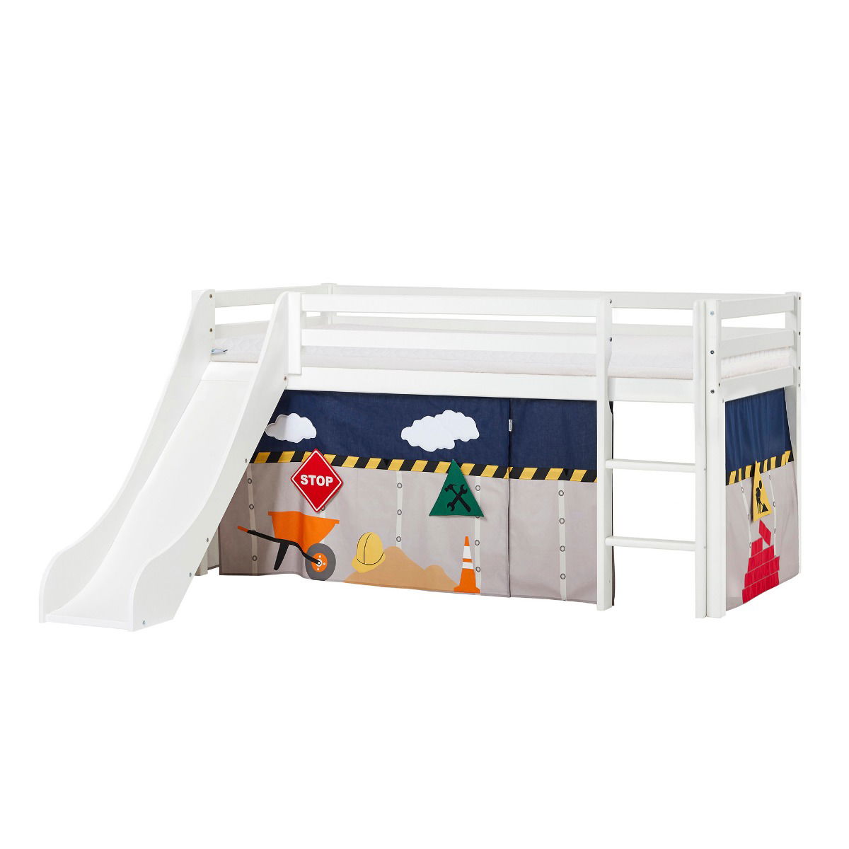 BUNDLE ECO Dream Halbhochbett 90x200 cm (nicht teilbar) mit Rutsche mit CONSTRUCTION Vorhang und ECO Dream-Matratze