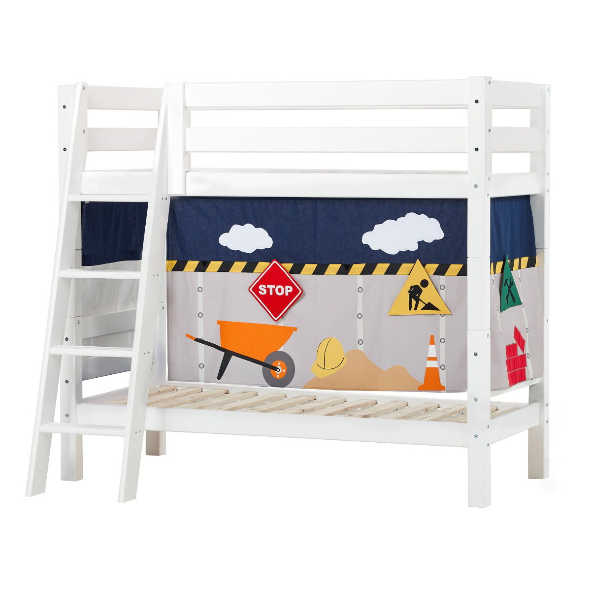 BUNDLE ECO Luxury Etagenbett 70x160 cm mit schräger Leiter und mit CONSTRUCTION-Vorhang