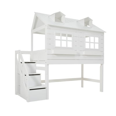 Halbhohes Bett Lakehouse mit Rollboden und Treppe / Weiß Halbhohes Bett Lakehouse mit Rollboden und Treppe / Weiß