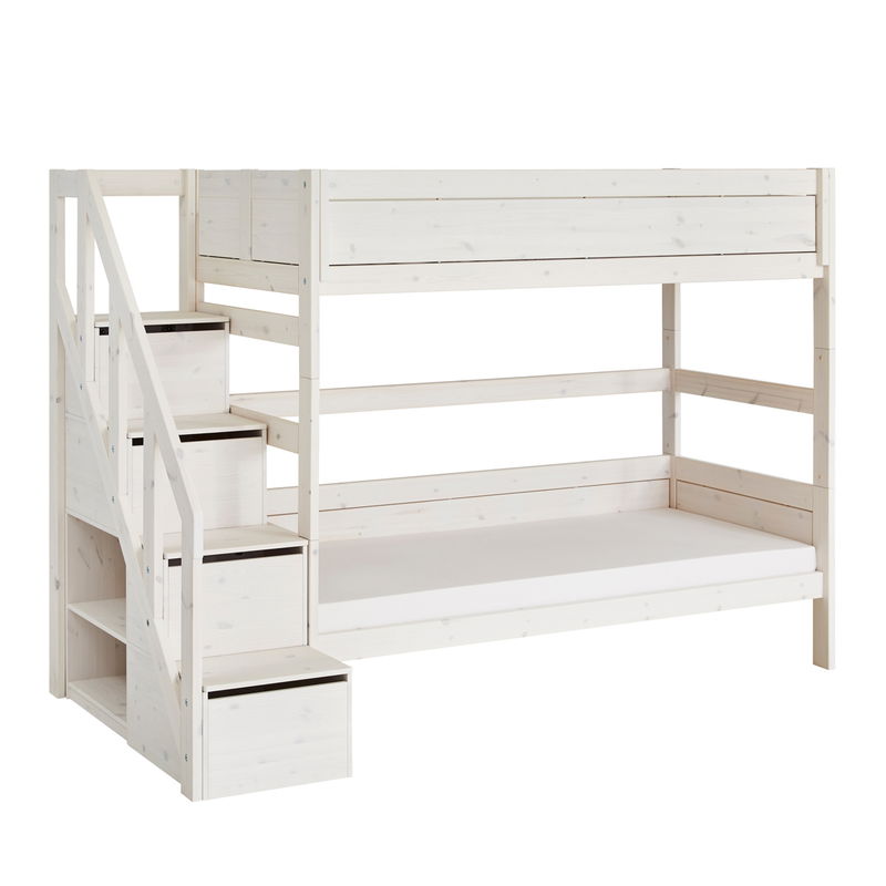 Etagenbett mit Treppe whitewash mit Deluxe Lattenrost Etagenbett mit Treppe whitewash mit Deluxe Lattenrost