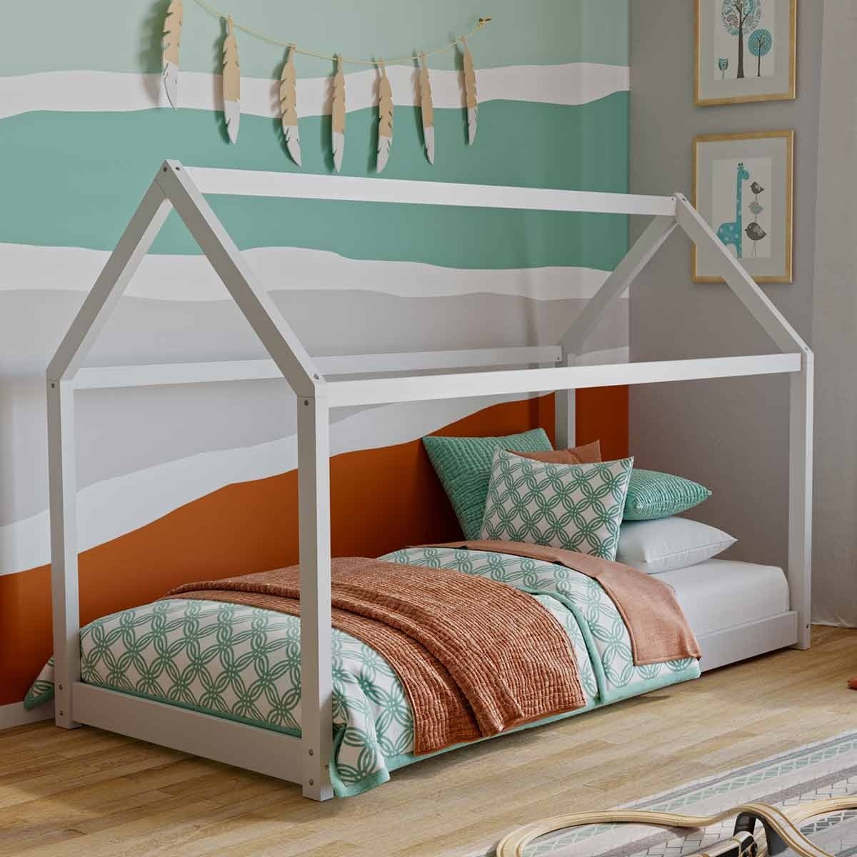 Haley Weiß Montessori Hausbett Bodenbett 90x200, inkl. Lattenrost, Kiefer
