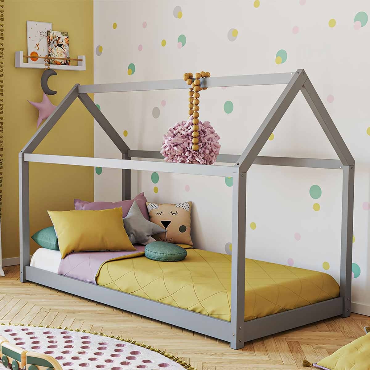 Haley Grau Montessori Hausbett Bodenbett 90x200, inkl. Lattenrost, massive Kiefer
