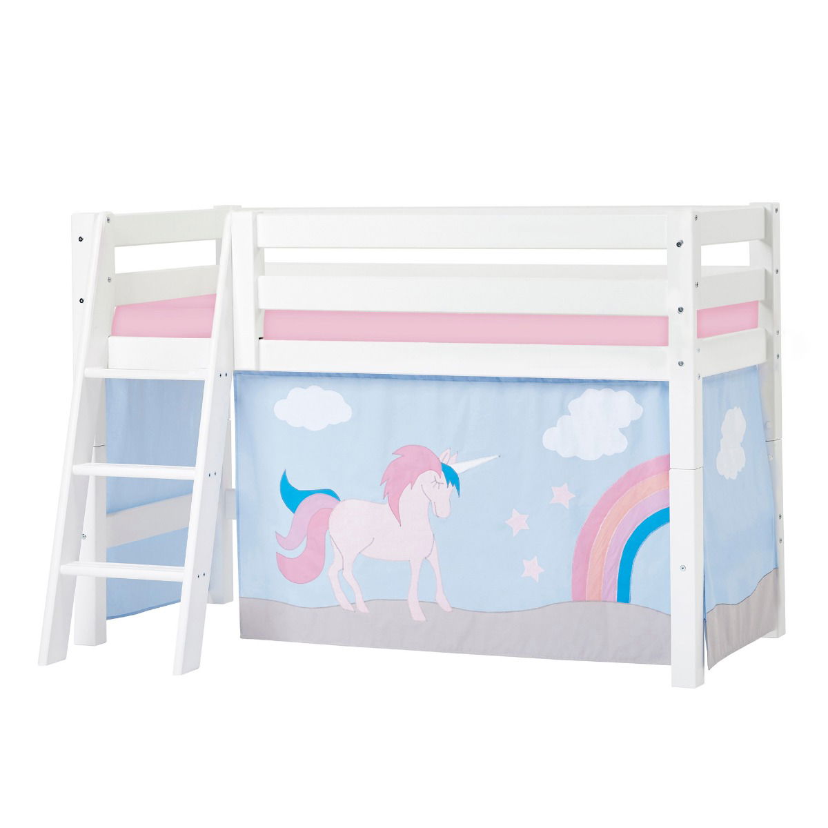 Hoppekids ECO Luxury Halbhochbett 70x160 cm mit schräger Leiter mit UNICORN-Vorhang und Kaltschaum-Matratze