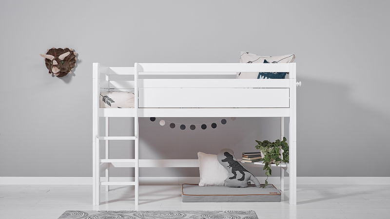 Halbhohes Bett (gerade Leiter), Rollrost, weiß Halbhohes Bett (gerade Leiter), Rollrost, weiß