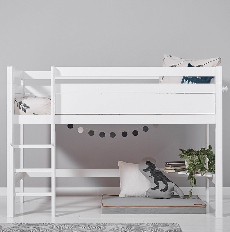 Halbhohes Bett (gerade Leiter), Rollrost, weiß Halbhohes Bett (gerade Leiter), Rollrost, weiß