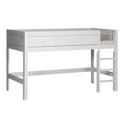 Halbhohes Bett in whitewash mit Deluxe Lattenrost, gerade Leiter Halbhohes Bett in whitewash mit Deluxe Lattenrost, gerade Leiter