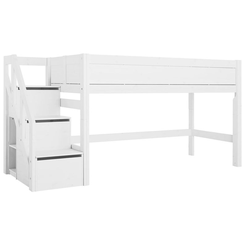 Halbhohes Bett mit Treppe, white mit Deluxe Lattenrost Halbhohes Bett mit Treppe, white mit Deluxe Lattenrost
