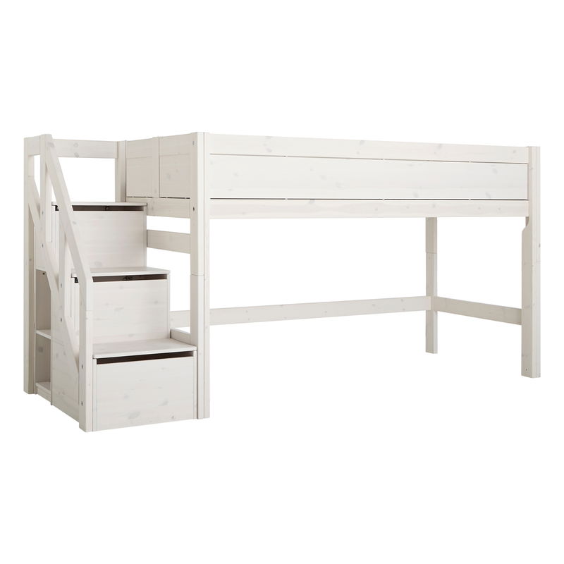Halbhohes Bett mit Treppe, whitewash Halbhohes Bett mit Treppe, whitewash
