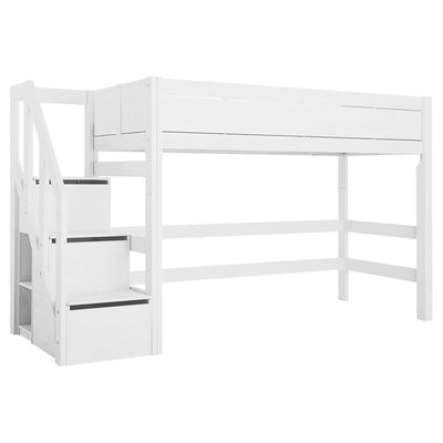 Mittelhohes Bett mit Treppe, white Mittelhohes Bett mit Treppe, white